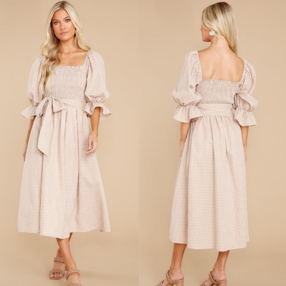 Red Dress boutique (Aura brand) Tan Gingham Puff Sleeve Midi Dress w/ Pockets!